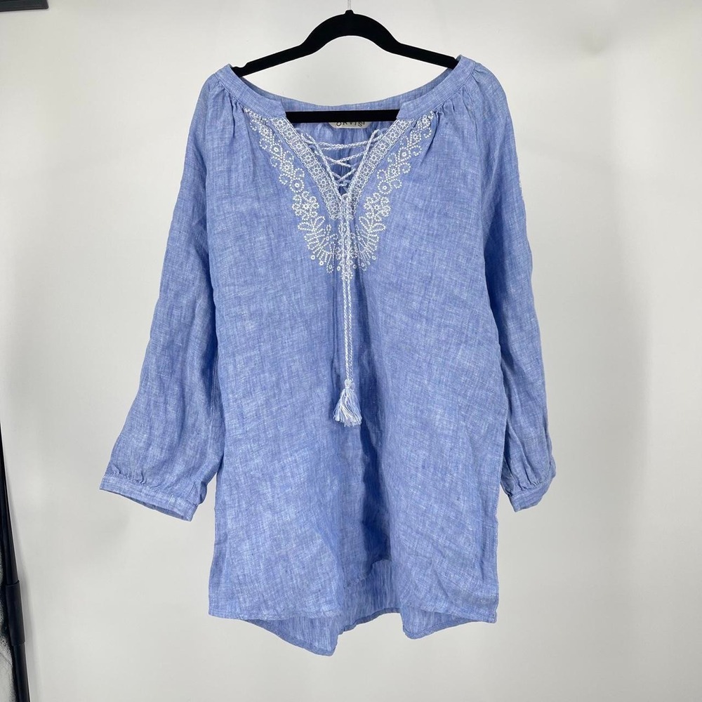 Orvis Women's Linen Tassel Tunic Top S Boho Coastal Embroidered Travel Vacation